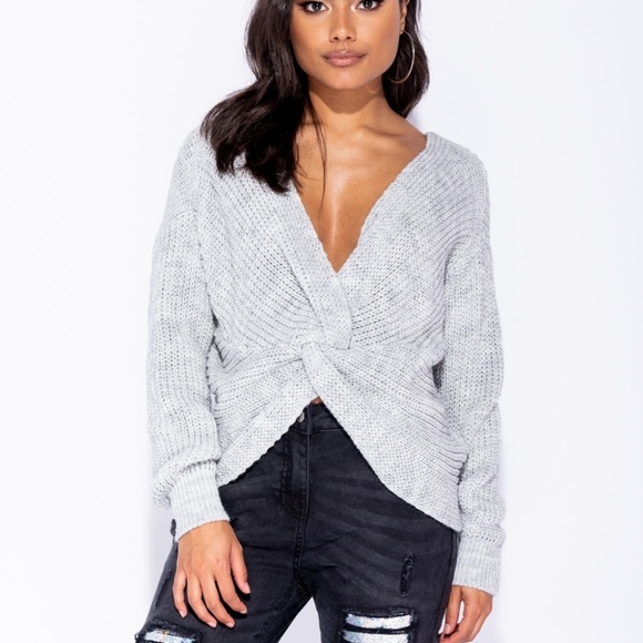 TishPosh Sweaters - ELIZA Grey Knot Front Sweater